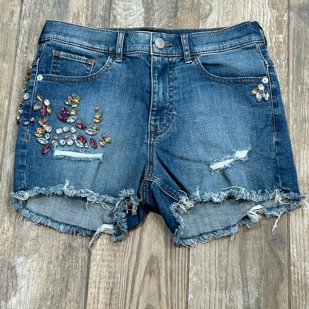 Express High Rise Shortie Womens Jeweled Distressed Frayed Shorts Size 2